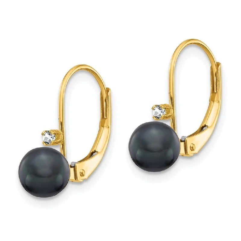 Old stone earrings-14k Yellow Gold 5mm Black Pearl AA Diamond Lever back Earrings (L-15 mm, W-5 mm)