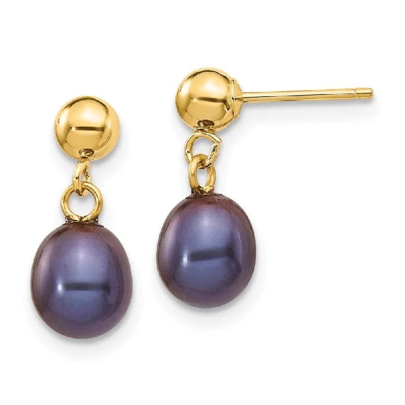 Glazed gem earrings-14k Yellow Gold 6-7mm Black Pearl Dangle Earrings (L-14 mm, W-7 mm)