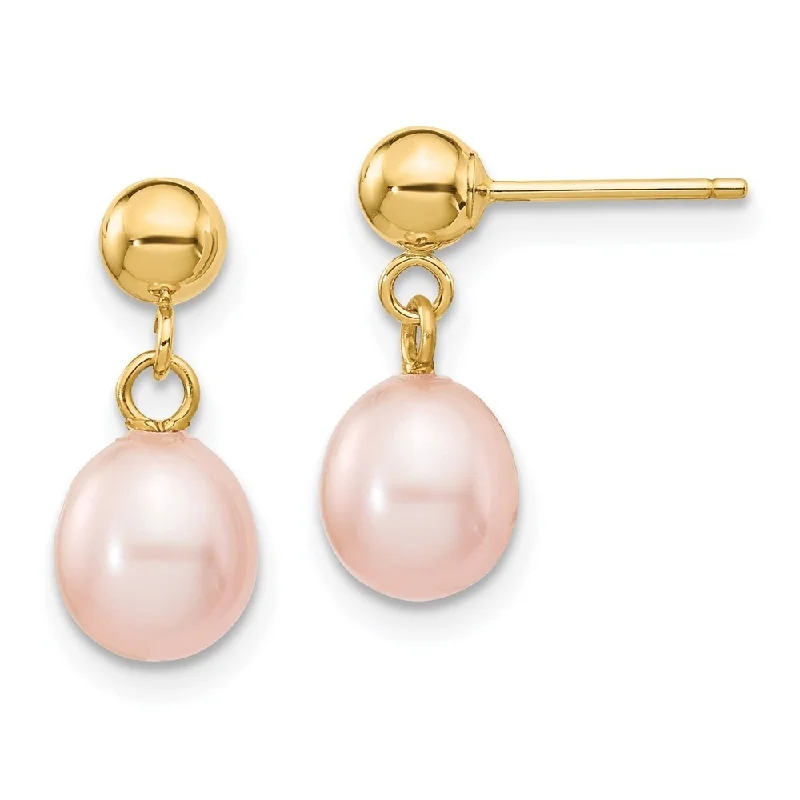 Stapled design earrings-14k Yellow Gold 6-7mm Pink Pearl Dangle Earrings (L-15 mm, W-6.5 mm)