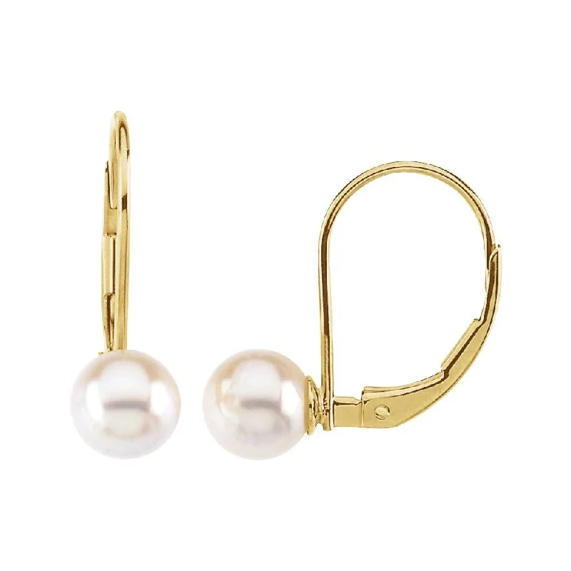 Satin finish earrings-14k Yellow Gold 7 mm Round Akoya Cultured Pearl Lever Back Dangle Earring for Women