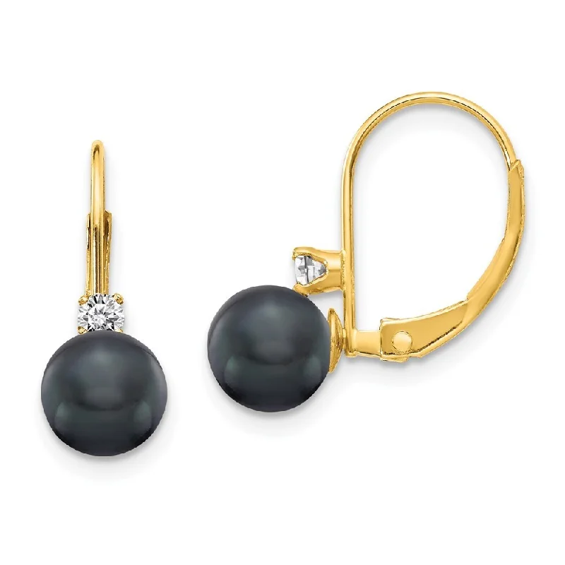 Linen strip earrings-14k Yellow Gold Black Pearl AA Diamond Lever back Earring (L-15 mm, W-6 mm)