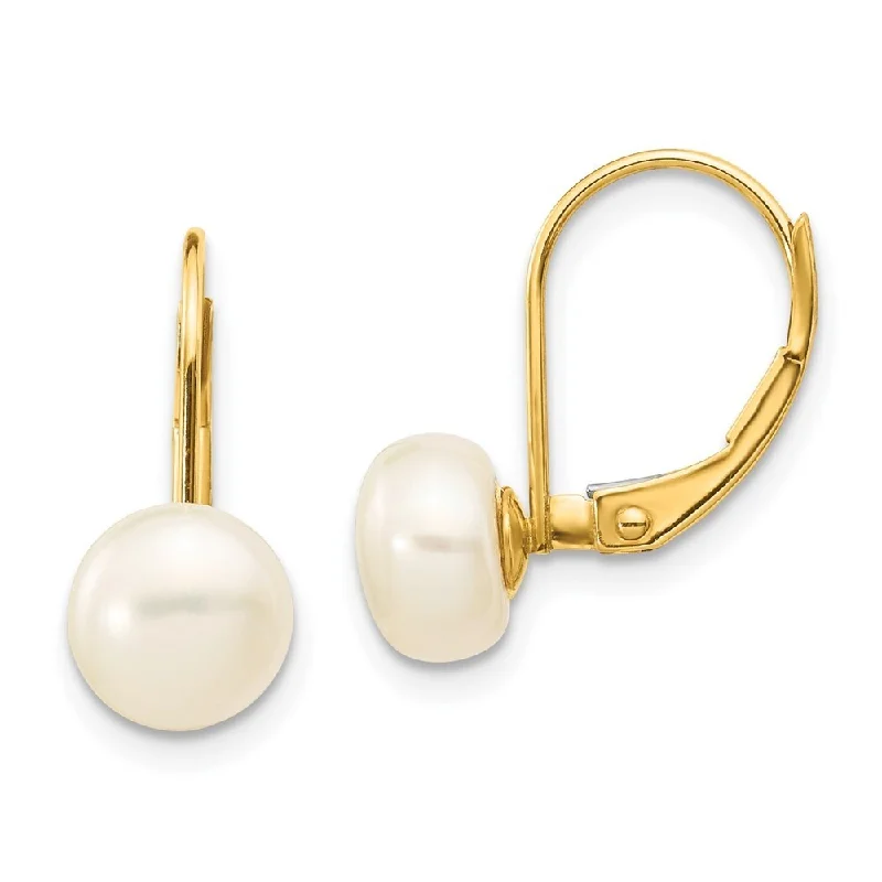 Violet kunzite earrings-14k Yellow Gold Button Pearl Dangle Earrings w/ Leverback (L-19 mm, W-7.5 mm)