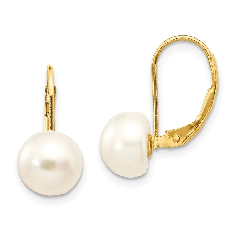 Old stone earrings-14k Yellow Gold Button Pearl Dangle Earrings w/ Leverback (L-19 mm, W-8.5 mm)