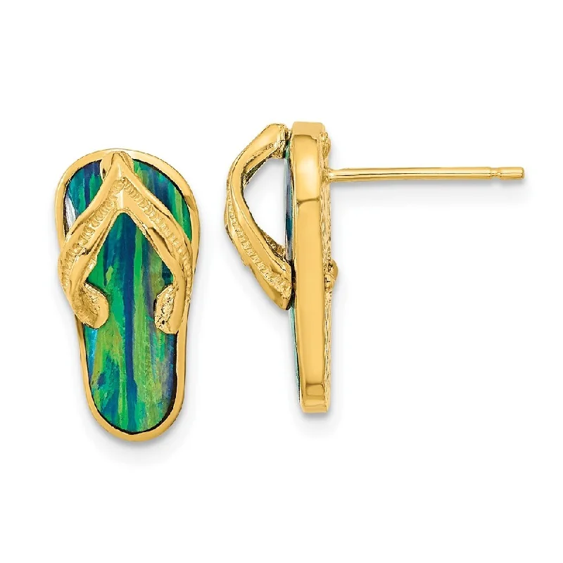 Wave ridge earrings-14k Yellow Gold Created Blue Gemstone Flip Flop Earrings (L-16 mm, W-8 mm)