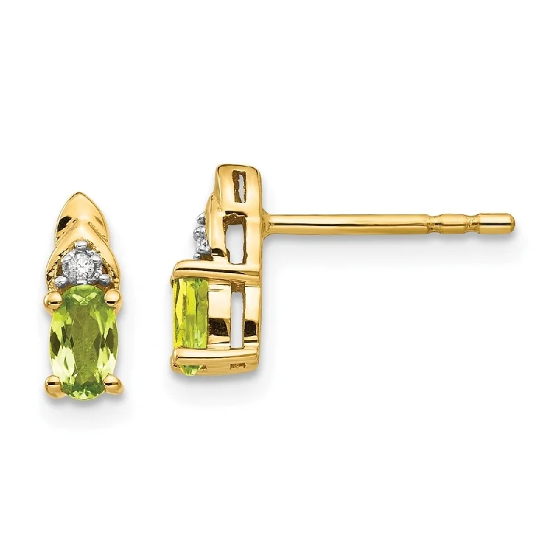 Sarmatian stud earrings-14k Yellow Gold Diamond And Peridot Earrings (L-9 mm, W-4 mm)