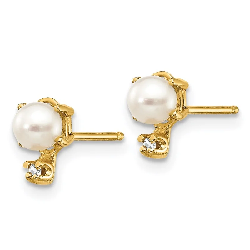 Pear-shaped zircon earrings-14k Yellow Gold Diamond & Cultured Pearl Earrings (L-7 mm, W-3 mm)