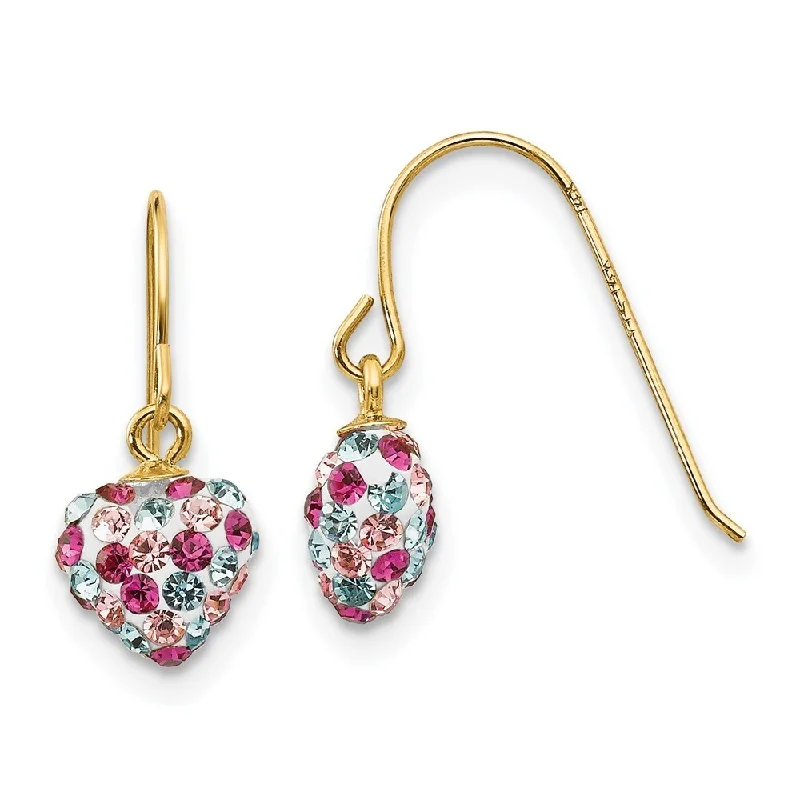 Soft hue earrings-14k Yellow Gold Multi-colored Crystal Heart Dangle Earrings (L-15 mm, W-6 mm)