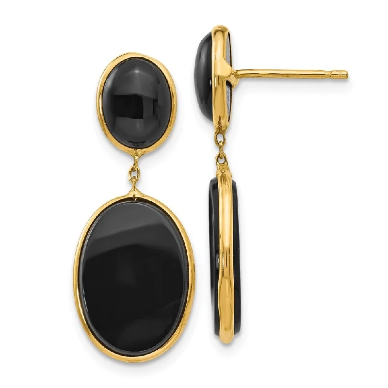 Lemon amber earrings-14k Yellow Gold Onyx Oval Dangle Earrings (L-31 mm, W-11 mm)