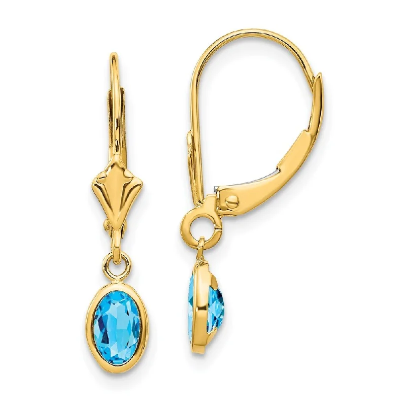 Flat bezel earrings-14k Yellow Gold Oval Bezel December Blue Gemstone Drop Earrings w/ Leverback (L-23 mm, W-4 mm)