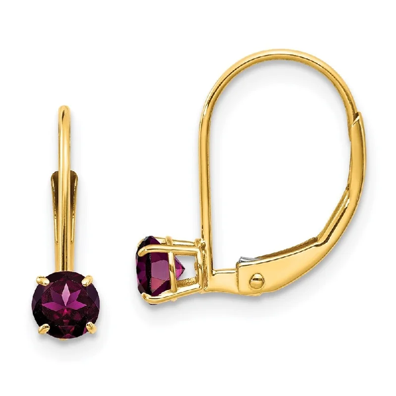 Fluke ridge earrings-14k Yellow Gold Round June Rhodolite Drop Earrings w/ Leverback (L-13 mm, W-4 mm)