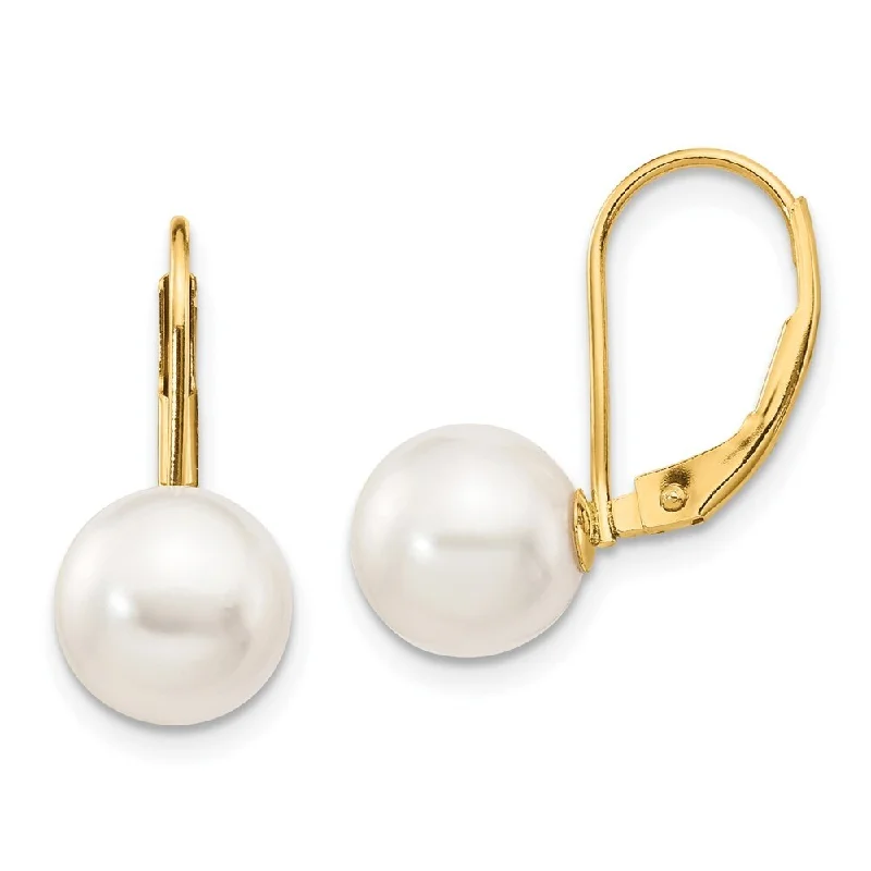 Carved design earrings-14k Yellow Gold Round White Saltwater Akoya Pearl Lever back Ear (L-8 mm, W-9 mm)