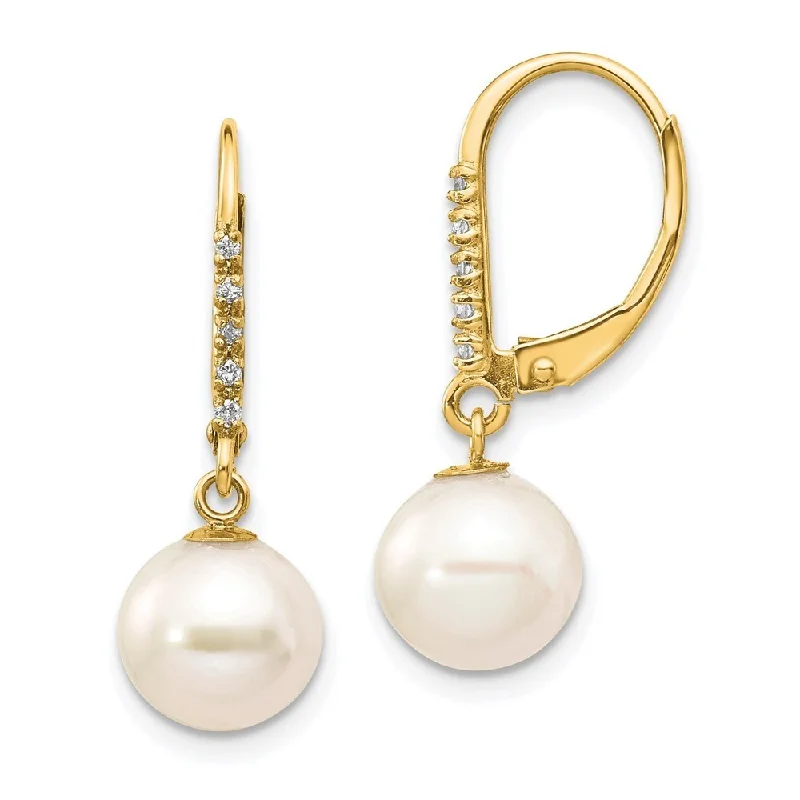 Patch stripe earrings-14k Yellow Gold White FWC Pearl .05ct Diamond Lever back Earrings (L-8 mm, W-9 mm)