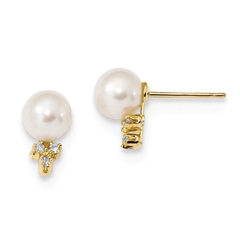 Thyme twig earrings-14k Yellow Gold White FWC Pearl .06ct Diamond Earrings (L-6 mm, W-7 mm)