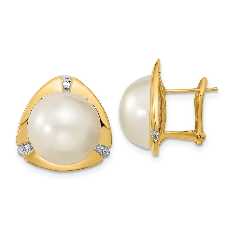 Stacked gemstone earrings-14k Yellow Gold White Mabe FWC Pearl .06ct Diamond Omega Back Earrings (L-12 mm, W-13 mm)