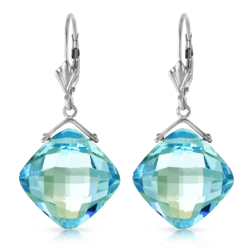 Violet bloom earrings-17.5 Carat 14K Solid White Gold Leverback Earrings Checkerboard Cut Blue Topaz