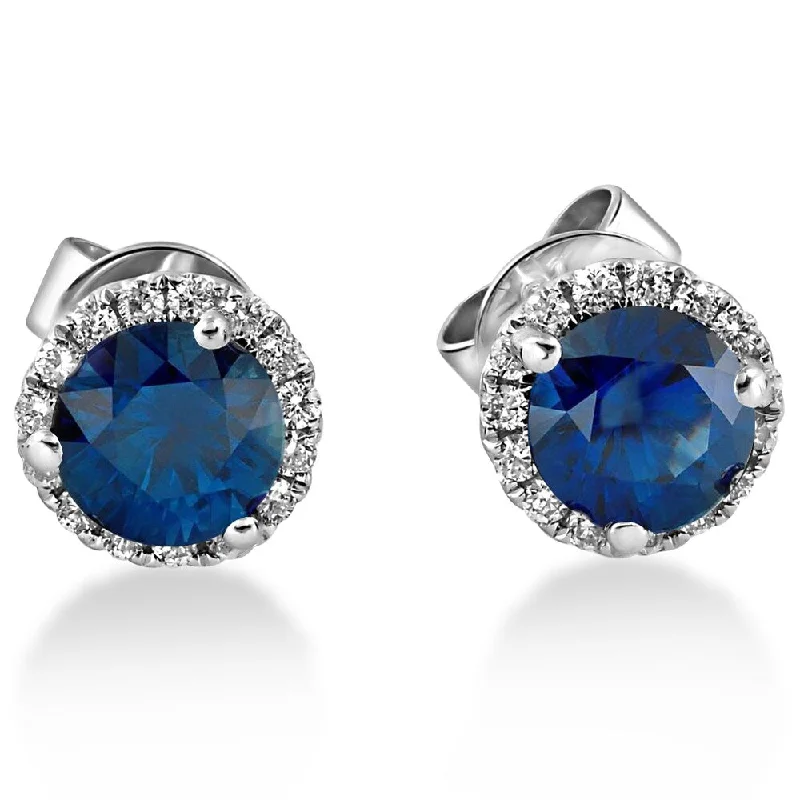 Sheen gem earrings-18k White Gold 1 ct TDW Diamond Blue Sapphire Halo Studs (F-G,SI1-SI2)