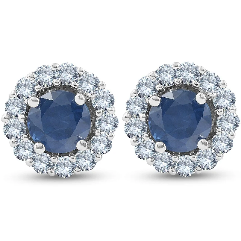 Flat bezel earrings-2 1/5 Ct Halo Diamond & Blue Sapphire Studs 14k White Gold