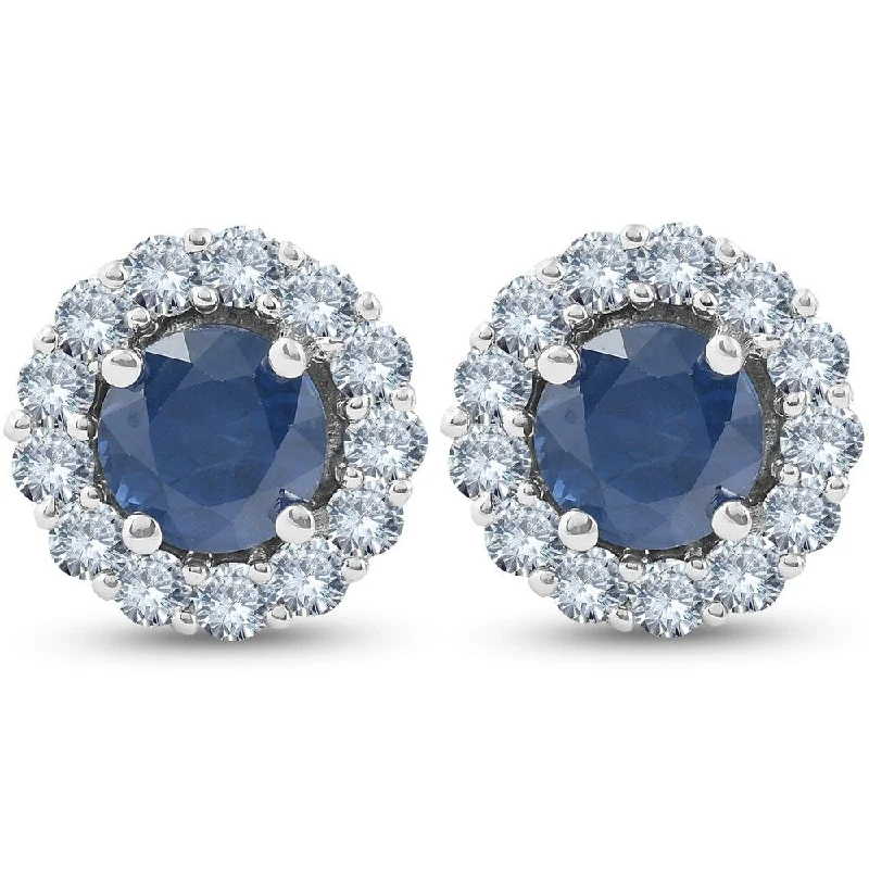 Cotton weave earrings-2 1/5 Ct Halo Diamond & Blue Sapphire Studs 14k White Gold (G-H, I1)