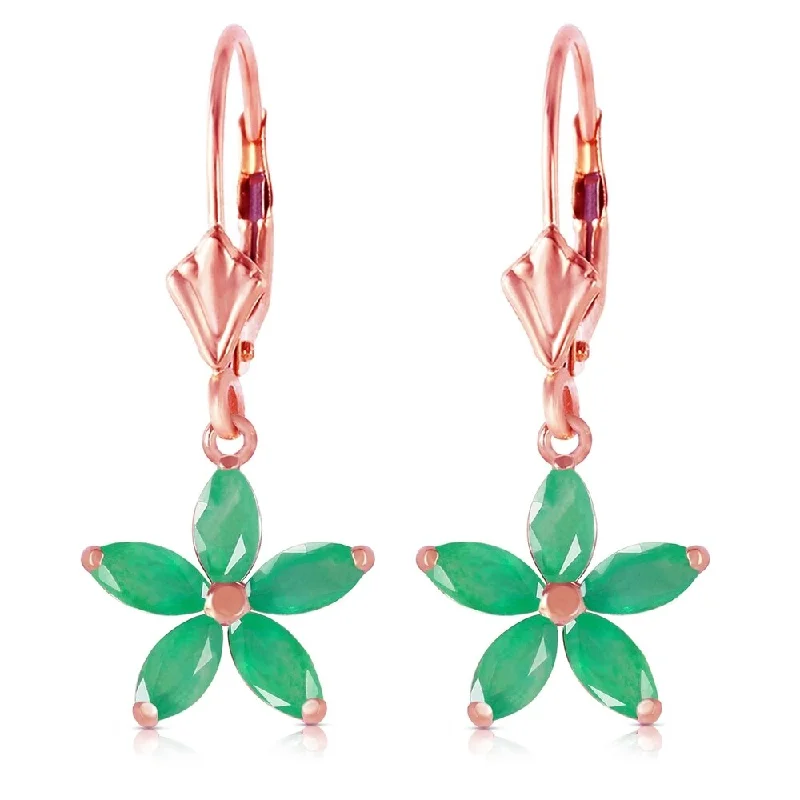 Braided weave earrings-2.8 Carat 14K Solid Rose Gold Leverback Earrings Natural Emerald