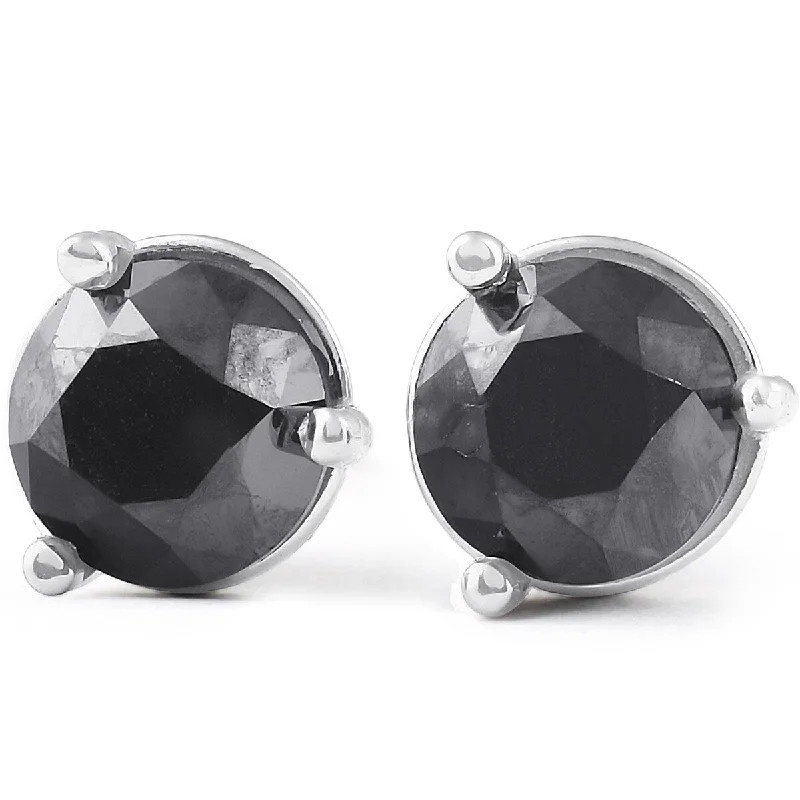 Paired gemstone earrings-2 Ct Black Diamond Martini 3-Prong Studs 14k White Gold Earrings