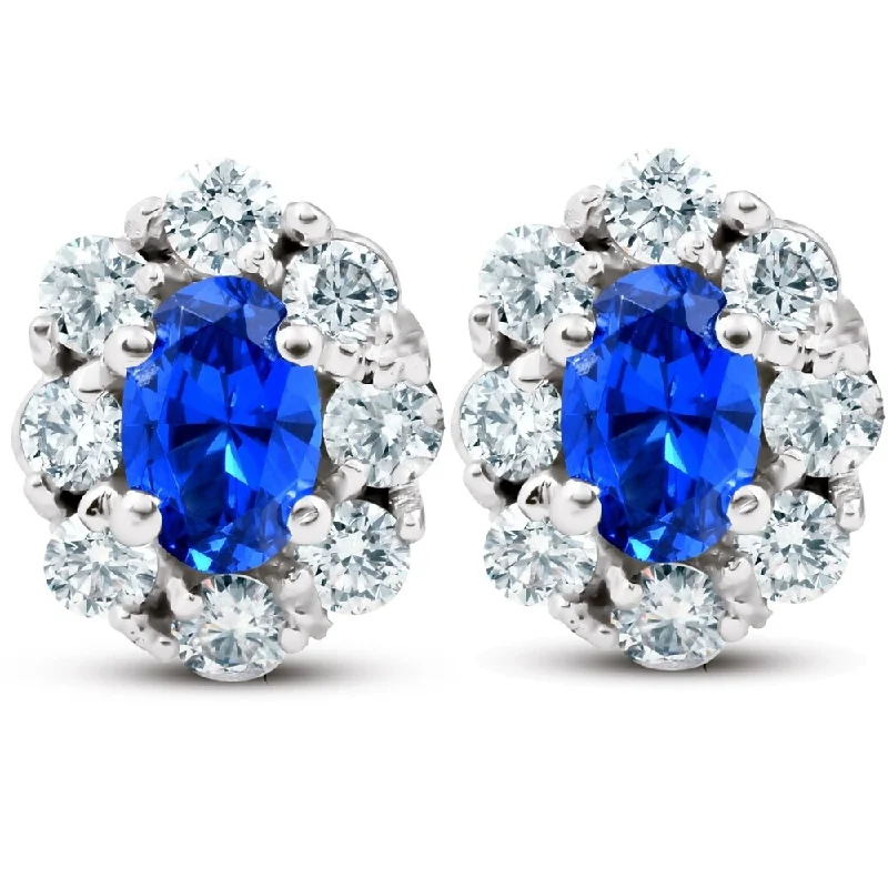 Fir sprig earrings-3.10 Ct Blue Sapphire & Diamond Halo Studs 14k White Gold Lab Grown