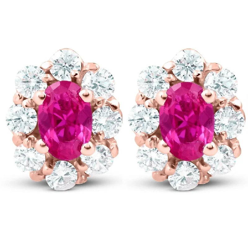 Wave ridge earrings-3.10 Ct Pink Topaz & Diamond Halo Studs 14k Rose Gold Lab Grown