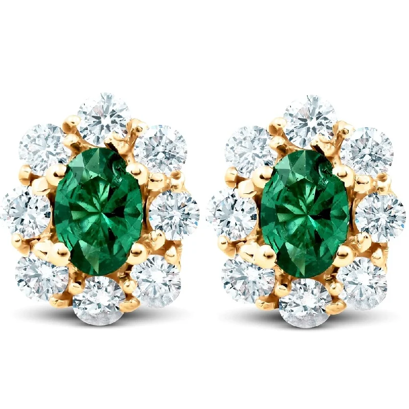 Steel toned earrings-3.10Ct Emerald & Diamond Halo Studs 14k Yellow Gold Lab Grown