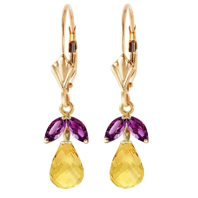 Quartz grit earrings-3.4 Carat 14K Solid Gold Leverback Earrings Citrine Amethyst