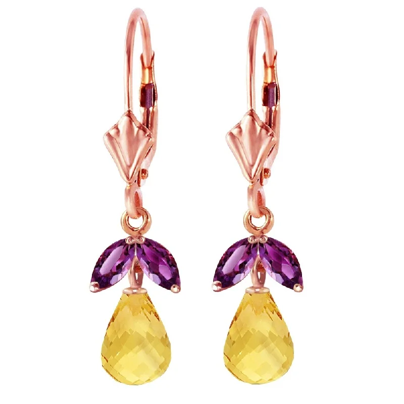 Brass cast earrings-3.4 Carat 14K Solid Rose Gold Leverback Earrings Citrine Amethyst