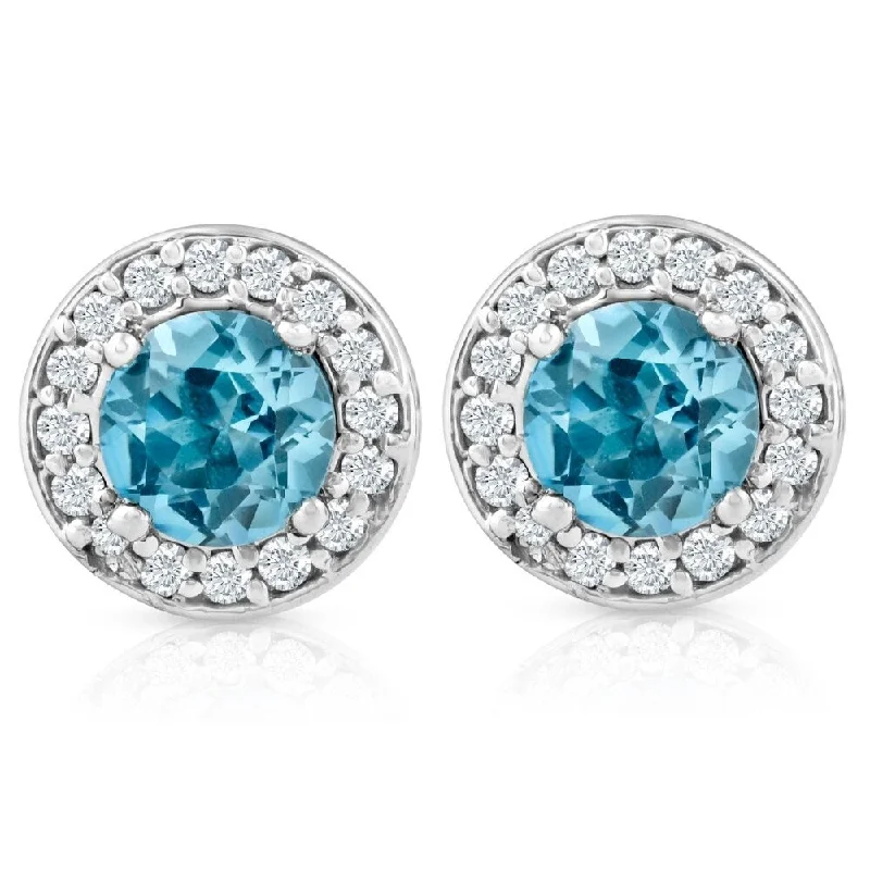 Delicate swirl earrings-3/4ct Halo Diamond Blue Topaz Studs 14K White Gold