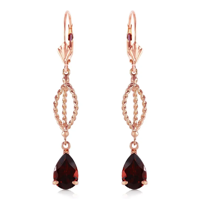 Wavy hoop earrings-3 Carat 14K Solid Rose Gold Garnet Dangling Earrings