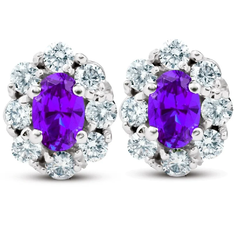 Onyx spike earrings-3 Ct Amethyst & Diamond Halo Studs 14k White Gold