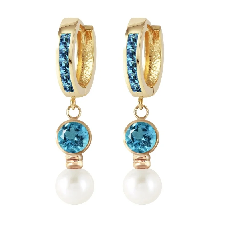 Edge gem earrings-4.3 Carat 14K Solid Gold Huggie Earrings pearl Blue Topaz