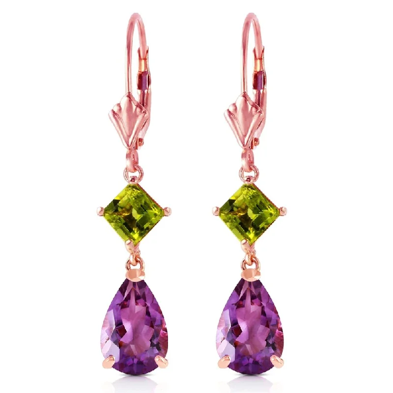 Ash sprig earrings-4.5 Carat 14K Solid Rose Gold Leverback Earrings Amethyst Peridot