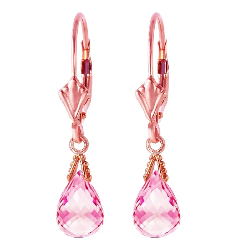 Bud drop earrings-4.5 Carat 14K Solid Rose Gold Leverback Earrings Briolette Pink Topaz