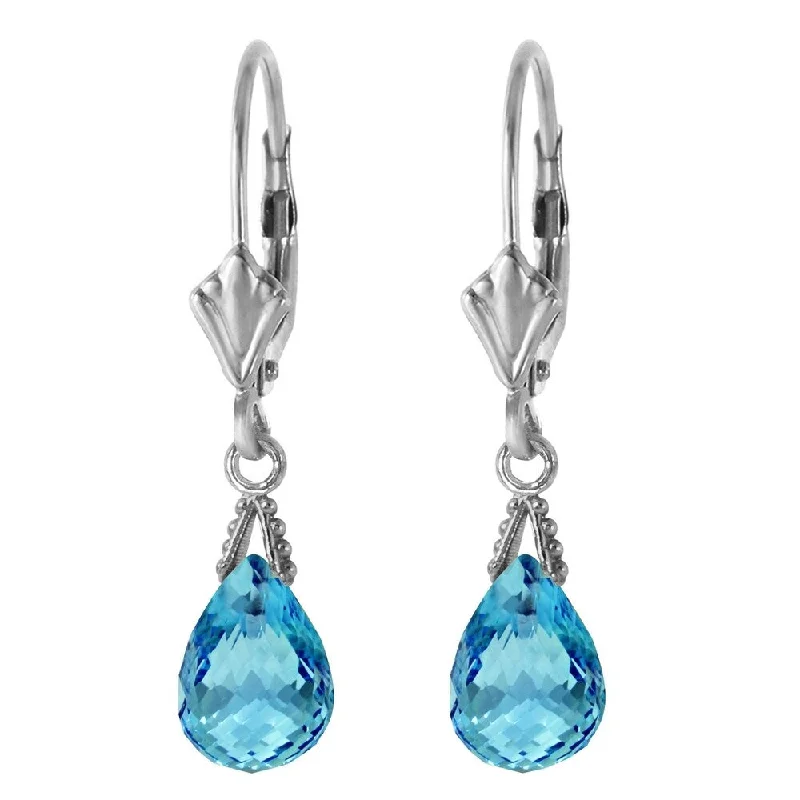 Chipped rim earrings-4.5 Carat 14K Solid White Gold Leverback Earrings Briolette Blue Topaz