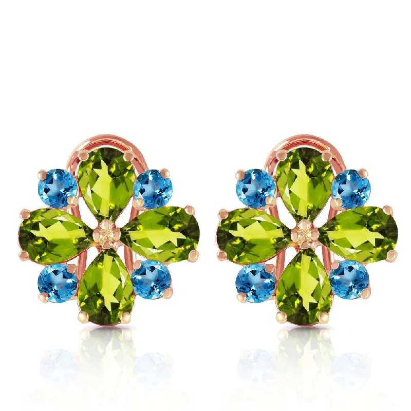 Tribal mark earrings-4.85 Carat 14K Solid Rose Gold French Clips Earrings Peridot Blue Topaz