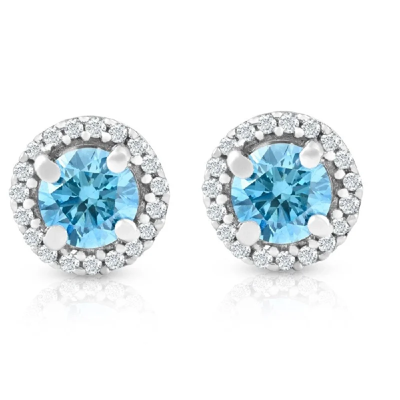 Grouped stone earrings-5/8 Ct Halo Blue Lab Grown Diamond Studs White Gold Earrings