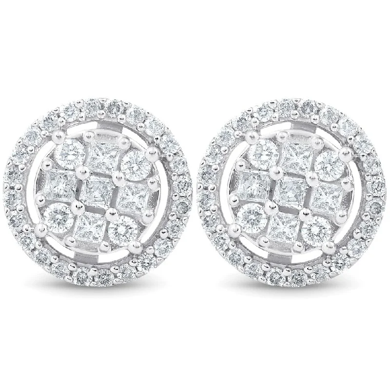 Split husk earrings-5/8 cttw Princess Cut Diamond Halo Screw Back Studs 10K White Gold 9.5MM