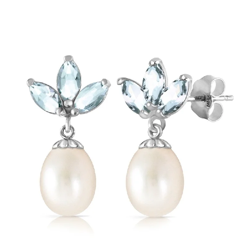 Chiseled cut earrings-9.5 Carat 14K Solid White Gold Dangling Earrings pearl Aquamarine