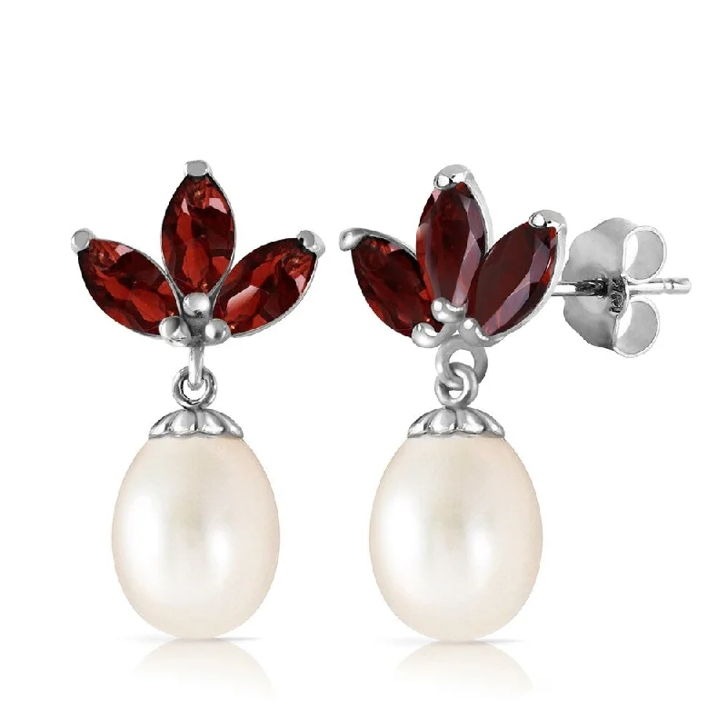 Glazed gem earrings-9.5 Carat 14K Solid White Gold Dangling Earrings pearl Garnet