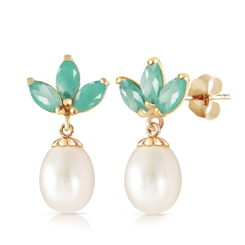 Locked band earrings-9.5 CTW 14K Solid Gold Dangling Earrings pearl Emerald