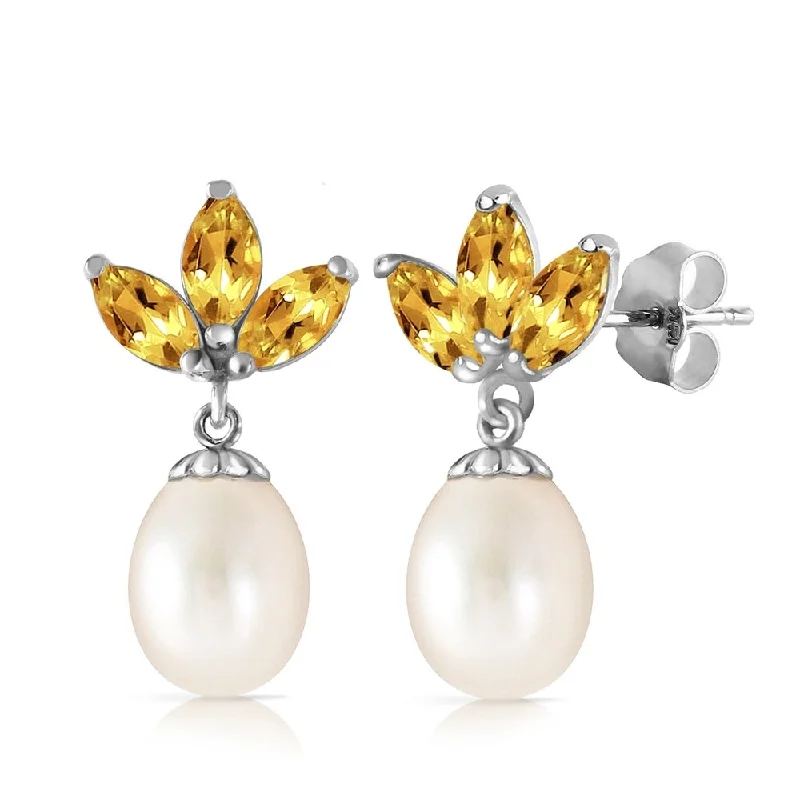 Barley stalk earrings-9.5 CTW 14K Solid White Gold Dangling Earrings pearl Citrine