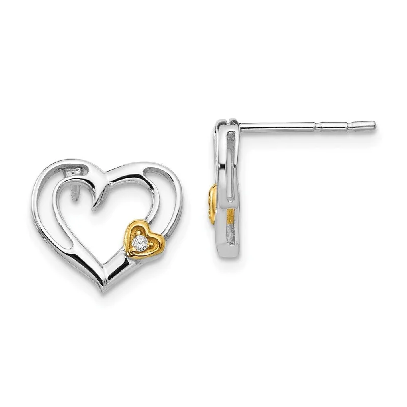 Retro mine earrings-925 Sterling Silver Diamond Gold-plated Heart Dangle Earrings (L-12 mm, W-12 mm)