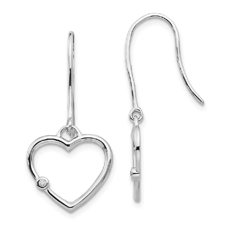 Fossil fragment earrings-925 Sterling Silver Diamond Heart Dangle Earrings (L-31 mm, W-15 mm)