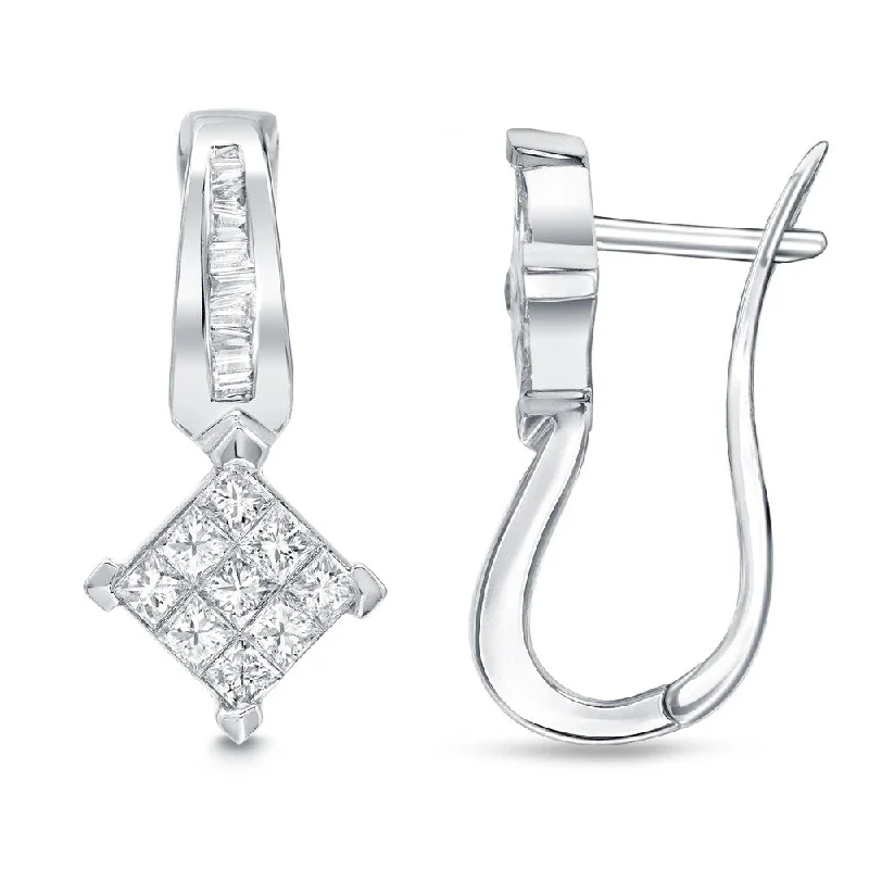 Flicker spark earrings-Auriya 18k White Gold 1ct TDW Princess-Baguette Diamond Clip Earrings (H-I, SI1-SI2)