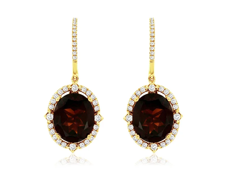 Paired gemstone earrings-Bremer Jewelry Oval Garnet and Diamond Drop Earrings in 14K Yellow Gold (11.70ctw)