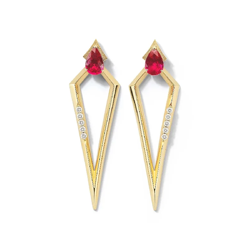 Radiant-cut sapphire earrings-Bremer Jewelry Pear Shaped Rubies and Diamonds Drop Earrings in 18K Yellow Gold (1.06ctw)