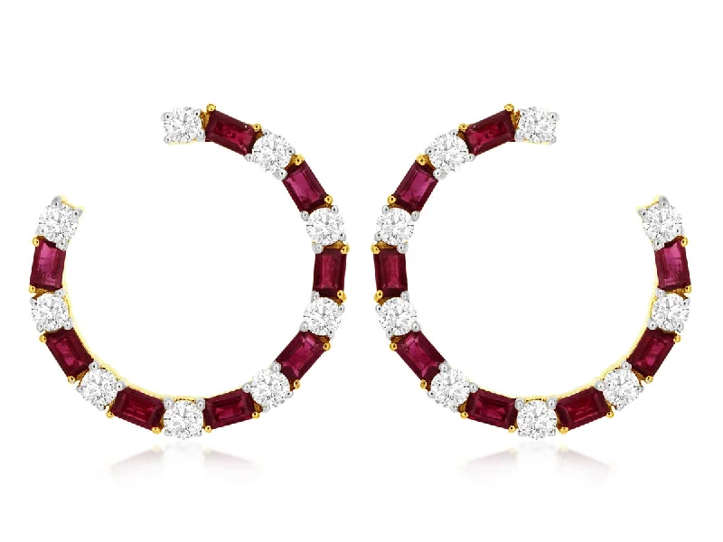 Tiered stack earrings-Bremer Jewelry Straight Baguette Rubies and Diamonds Medium Hoop Earrings in 14K Yellow Gold (2.80ctw)