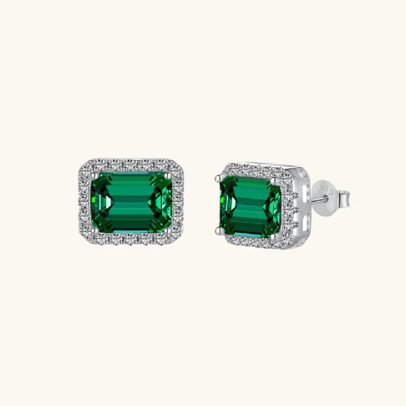 Carved design earrings-Diamond Halo Emerald Stone Stud Earrings